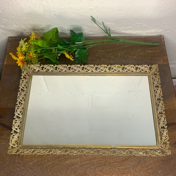 VTG Gold Filigree Mirror Footed Vanity Tray